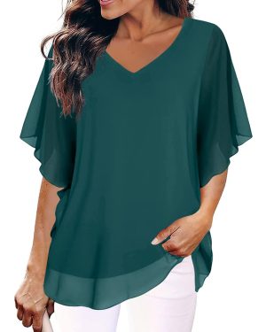 Women Blouses Summer Shirt V Neck Short Sleeve Tunic Tops Black Medium