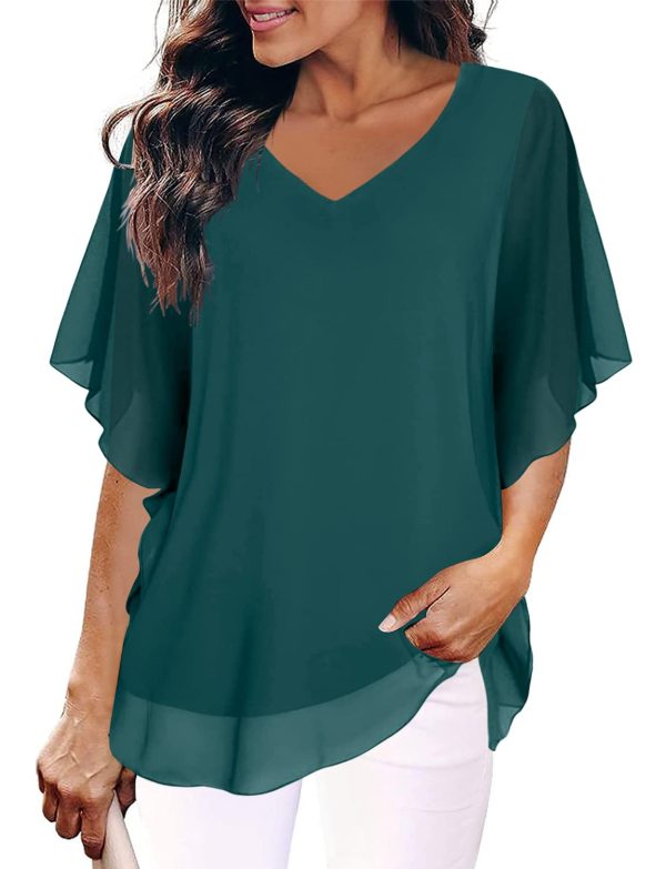 Women Blouses Summer Shirt V Neck Short Sleeve Tunic Tops Black Medium