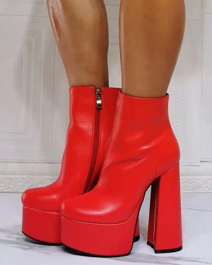 Women Booties Geometric Round Toe Chunky Heel PU Leather Red Ankle Boots