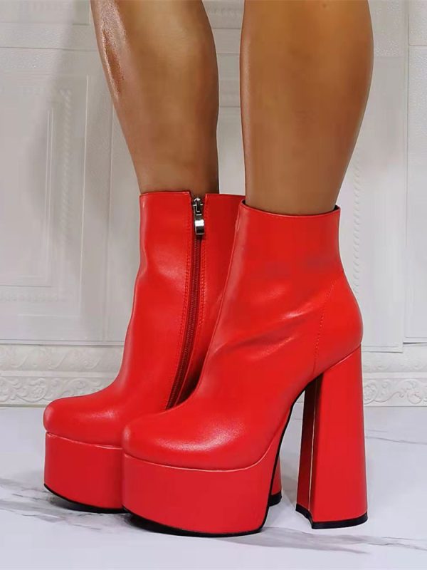 Women Booties Geometric Round Toe Chunky Heel PU Leather Red Ankle Boots