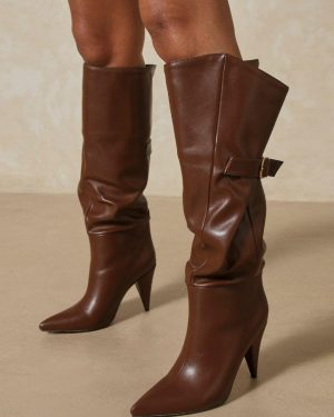 Women Boots Stiletto Heel Pointed Toe PU Leather Chocolate Brown Knee-High Boots