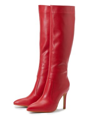 Women Boots Stiletto Heel Pointed Toe PU Leather Red Knee-High Boots