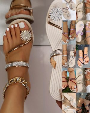 Women Casual Color Block Summer Diamond Flat Heel Round Toe PU Slip On Flip-Flops Flip-Flops