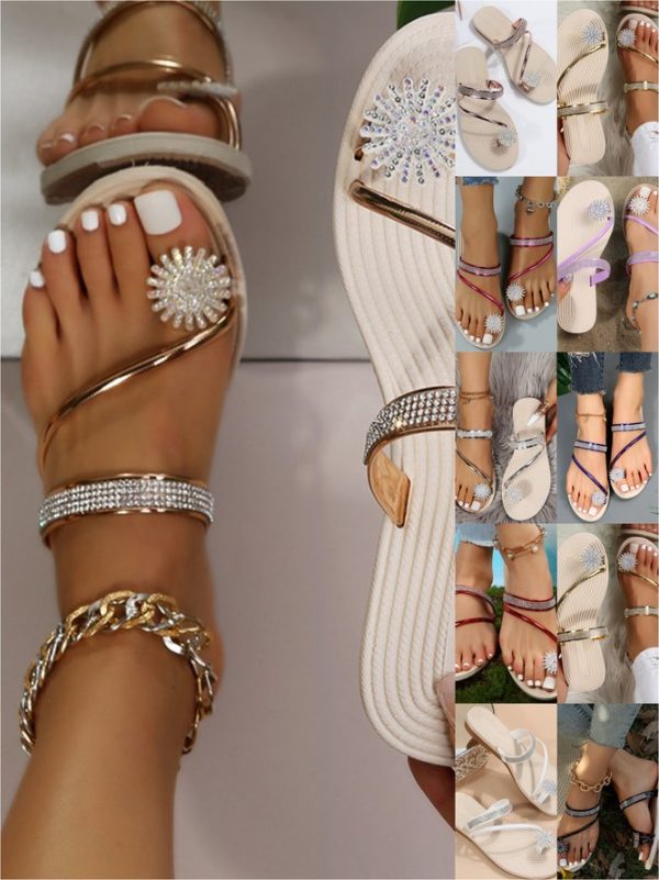 Women Casual Color Block Summer Diamond Flat Heel Round Toe PU Slip On Flip-Flops Flip-Flops