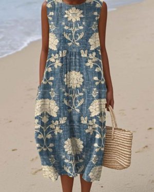 Women Casual Floral Summer Cotton Micro-Elasticity Household Maxi Sleeveless A-Line Dresses