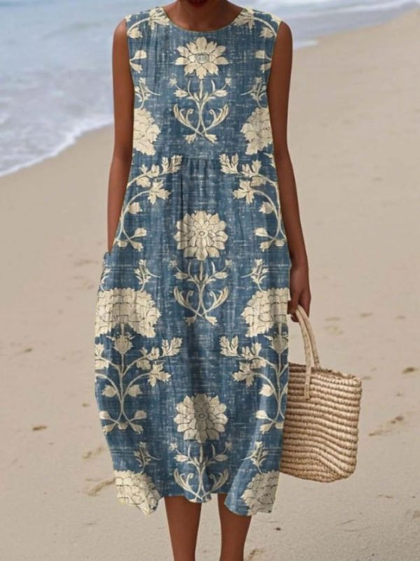 Women Casual Floral Summer Cotton Micro-Elasticity Household Maxi Sleeveless A-Line Dresses