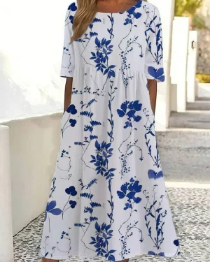Women Casual Floral Summer Polyester Micro-Elasticity Short Sleeve H-Line Regular Shift Dress Dresses