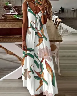 Women Casual Floral Summer Polyester V neck Printing Micro-Elasticity Daily Slip Dress Dresses