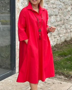 Women Casual Plain All Season Natural Lightweight No Elasticity Pullover Three Quarter Sleeve Shirt Collar Shirt Dresses