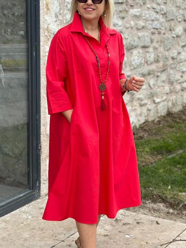 Women Casual Plain All Season Natural Lightweight No Elasticity Pullover Three Quarter Sleeve Shirt Collar Shirt Dresses