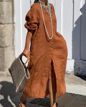 Women Casual Plain All Season Polyester V neck Natural Loose Maxi Long Sleeve Shirt Dresses