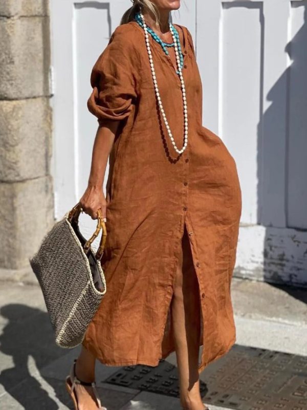 Women Casual Plain All Season Polyester V neck Natural Loose Maxi Long Sleeve Shirt Dresses
