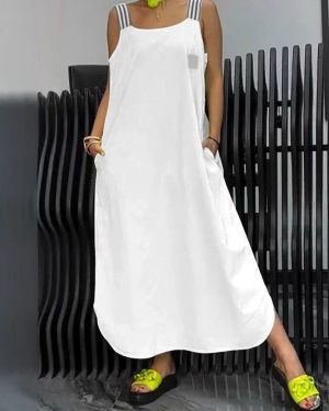 Women Casual Plain Summer Polyester Daily Maxi A-Line No 2 Side Pockets Dresses