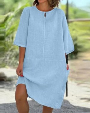 Women Casual Plain Summer Polyester Natural No Elasticity Midi Pullover Shift Dress Dresses