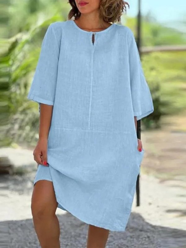 Women Casual Plain Summer Polyester Natural No Elasticity Midi Pullover Shift Dress Dresses