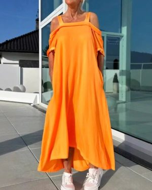 Women Casual Plain Summer Polyester Spaghetti No Elasticity Daily Loose Off Shoulder Sleeve Dresses