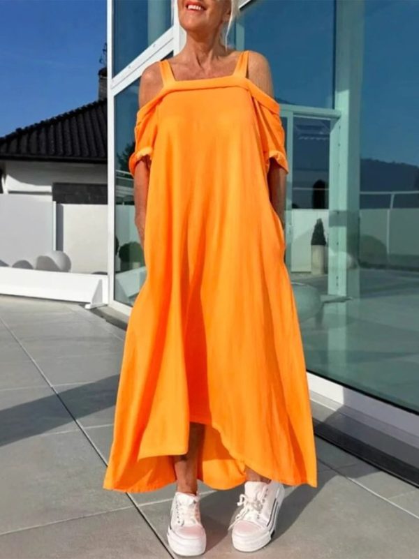 Women Casual Plain Summer Polyester Spaghetti No Elasticity Daily Loose Off Shoulder Sleeve Dresses