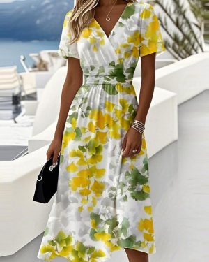 Women Casual Summer Leaf V neck Daily Regular Fit A-Line Regular Beach Dress Dresses