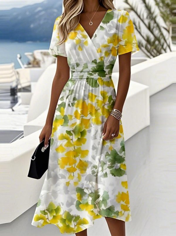 Women Casual Summer Leaf V neck Daily Regular Fit A-Line Regular Beach Dress Dresses