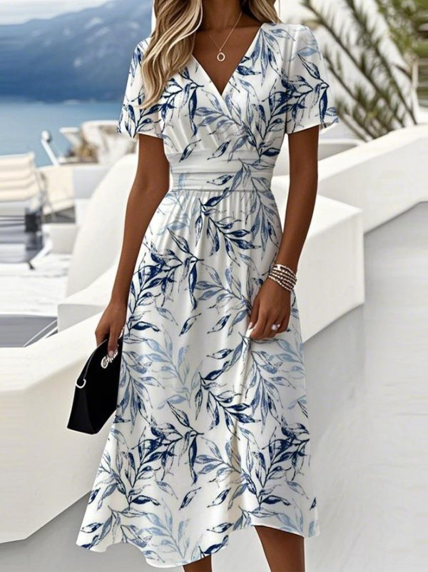 Women Casual Summer Leaf V neck Vacation Maxi Short Sleeve A-Line Beach Dress Dresses