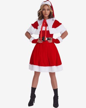 Women Christmas Tunic Dress Red Polyester Fiber Gloves Sash Dress Polyester Color Block Christmas Holidays Costumes