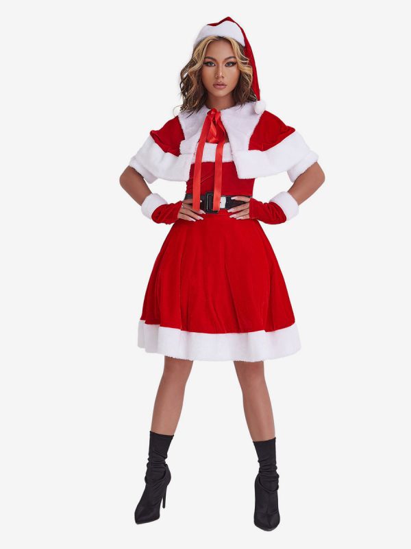 Women Christmas Tunic Dress Red Polyester Fiber Gloves Sash Dress Polyester Color Block Christmas Holidays Costumes