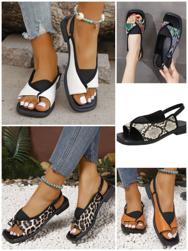 Women Color Block Vacation Summer Vacation Flat Heel Square Toe PU Pu Rubber Gladiator Sandals