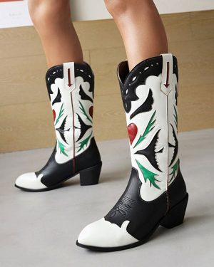 Women Cowboy Boots Puppy Heel Mid Calf Boots For Women