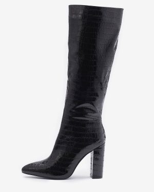 Women Croc Embossed Chunky Heel Knee-High Boots