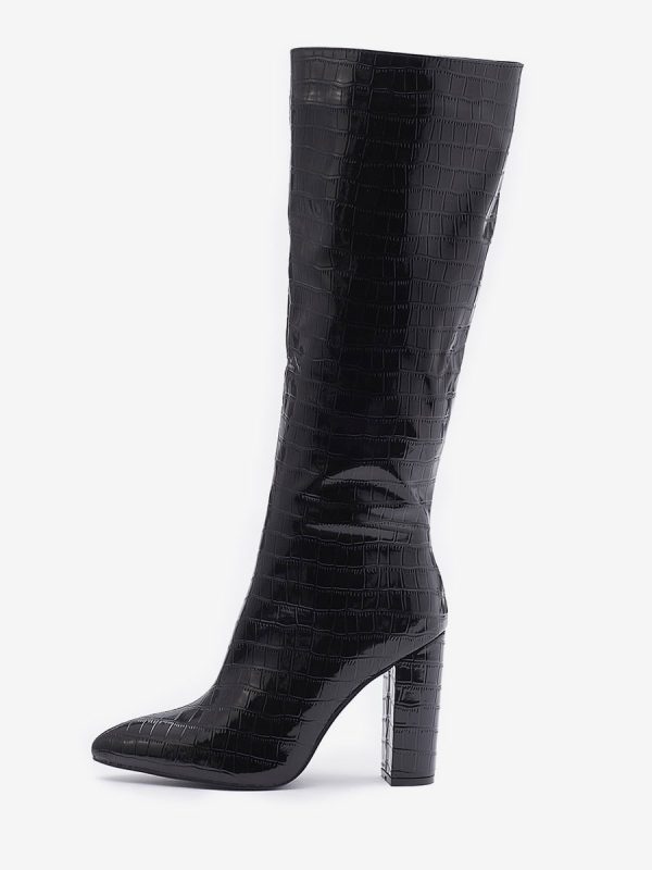 Women Croc Embossed Chunky Heel Knee-High Boots