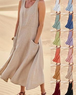 Women Elegant Plain Summer Split Joint Micro-Elasticity Cotton And Linen Crew Neck A-Line No Dresses