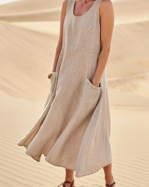 Women Elegant Plain Summer Split Joint Micro-Elasticity Cotton And Linen Crew Neck A-Line No Dresses