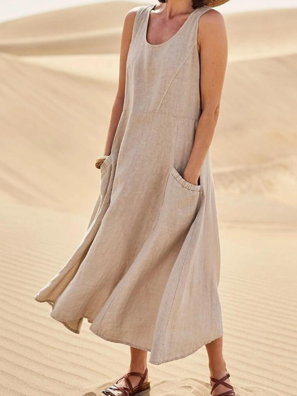 Women Elegant Plain Summer Split Joint Micro-Elasticity Cotton And Linen Crew Neck A-Line No Dresses