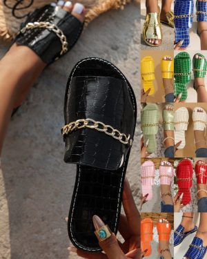 Women Ethnic Plain Summer Buckle Flat Heel Round Toe Pu Slide Sandals Rubber Slide Sandals