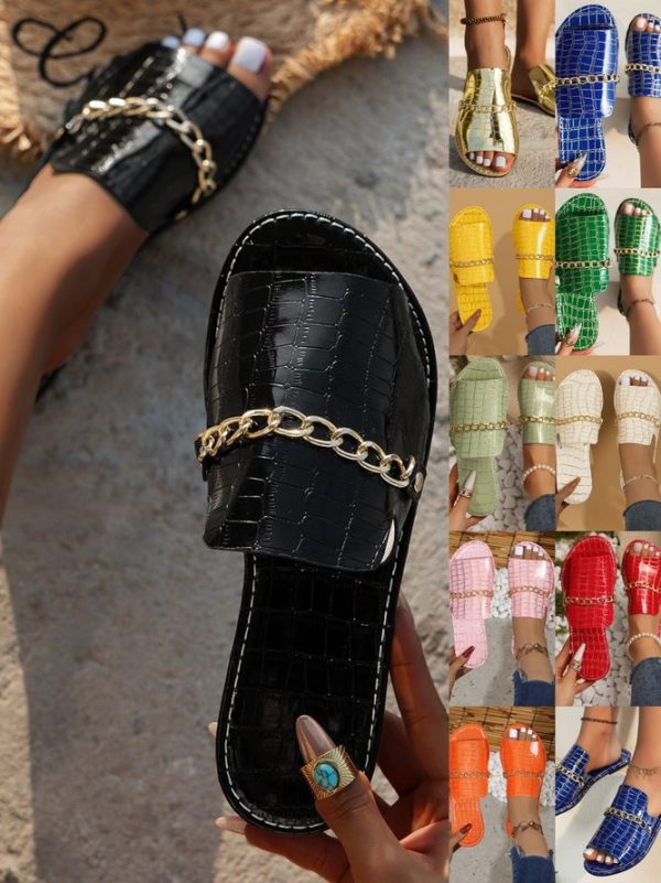 Women Ethnic Plain Summer Buckle Flat Heel Round Toe Pu Slide Sandals Rubber Slide Sandals