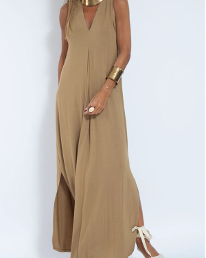 Women Ethnic Plain Summer Polyester V neck Split Joint Micro-Elasticity Maxi A-Line Dresses