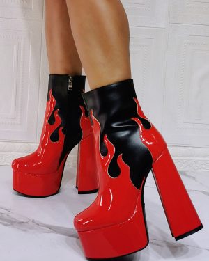 Women Flame Booties Platform Round Toe Chunky Heel PU Leather Ankle Boots