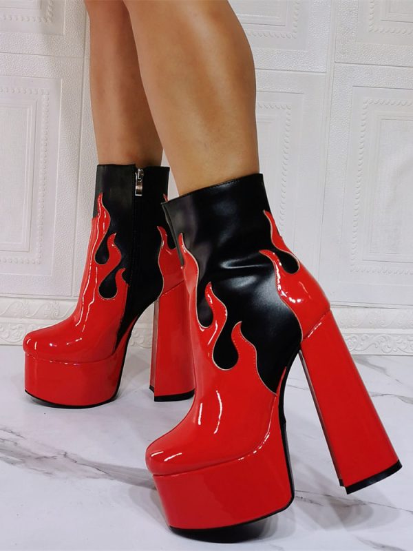 Women Flame Booties Platform Round Toe Chunky Heel PU Leather Ankle Boots