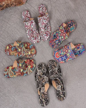Women Floral Ethnic Summer Daily Round Toe Fabric Fabric Rubber Slip On Flip-Flops