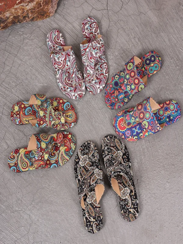 Women Floral Ethnic Summer Daily Round Toe Fabric Fabric Rubber Slip On Flip-Flops