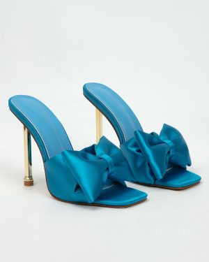 Women Heeled Mules Bows Stiletto Satin Upper Teal Heel Mules