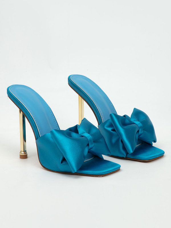 Women Heeled Mules Bows Stiletto Satin Upper Teal Heel Mules