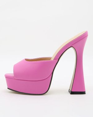 Women Heeled Mules Chunky Heel Slip On PU Leather Rose Red Mules