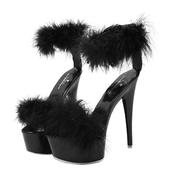 Women High Heels Sandals with Feather Fashion Sandals Fluffy 1 Black