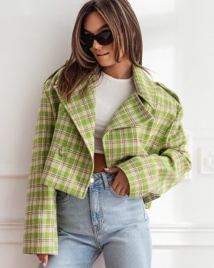 Women Jacket Turndown Collar Plaid Polyester