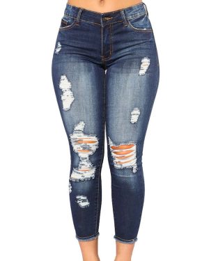 Women Jeans Deep Blue Buttons Zipper Fly Irregular High Rise Waist Tapered Fit Cowboy Denim Trousers