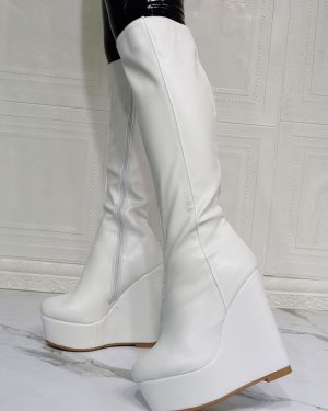 Women Knee High Boots PU Leather White Round Toe Wedge Heel Sexy High Heel Boots