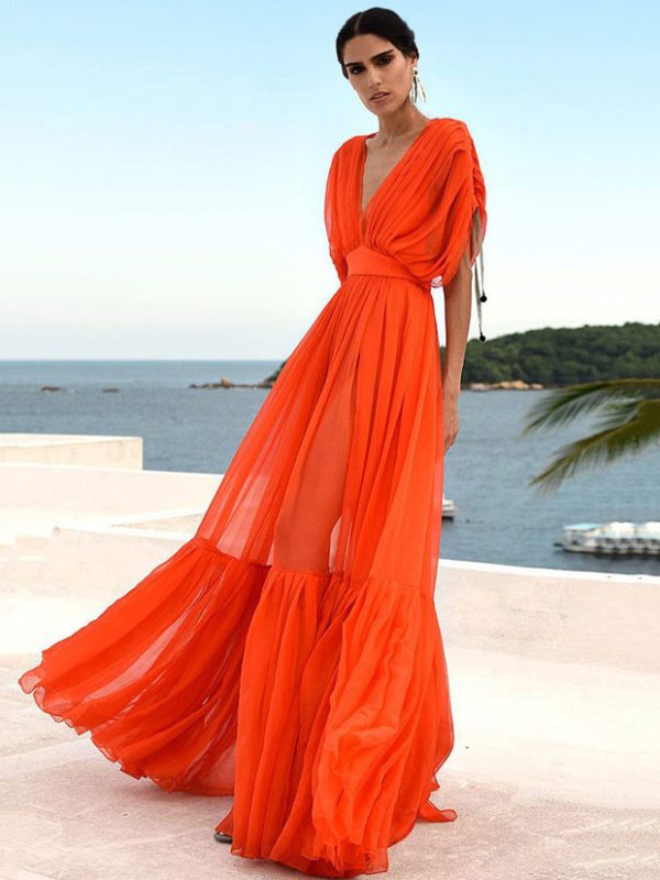 Women Maxi Dress Orange Red V-Neck Short Sleeves Backless Long Dress
