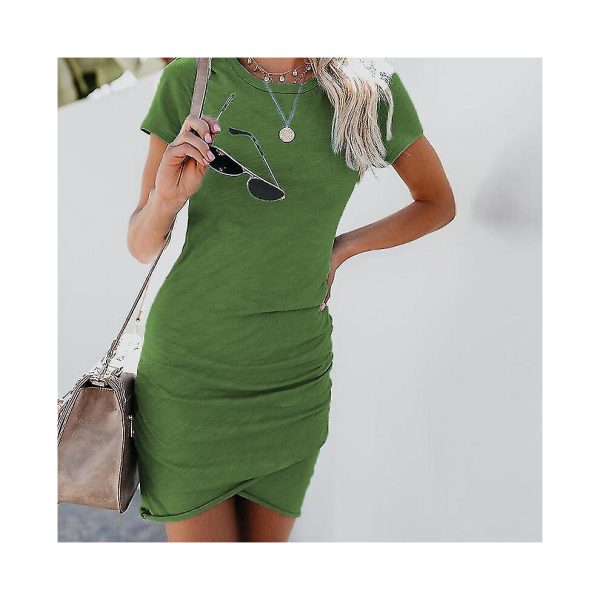 Women Mini Dresses Short Sleeve Sundress Solid Color Wrap Dress Holiday Travel Crew Neck