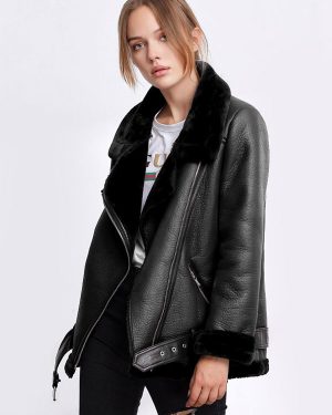Women Moto Jacket Leather Like Faux Shearling Zipper Buckle Biker Jacket Cozy Active Outerwear